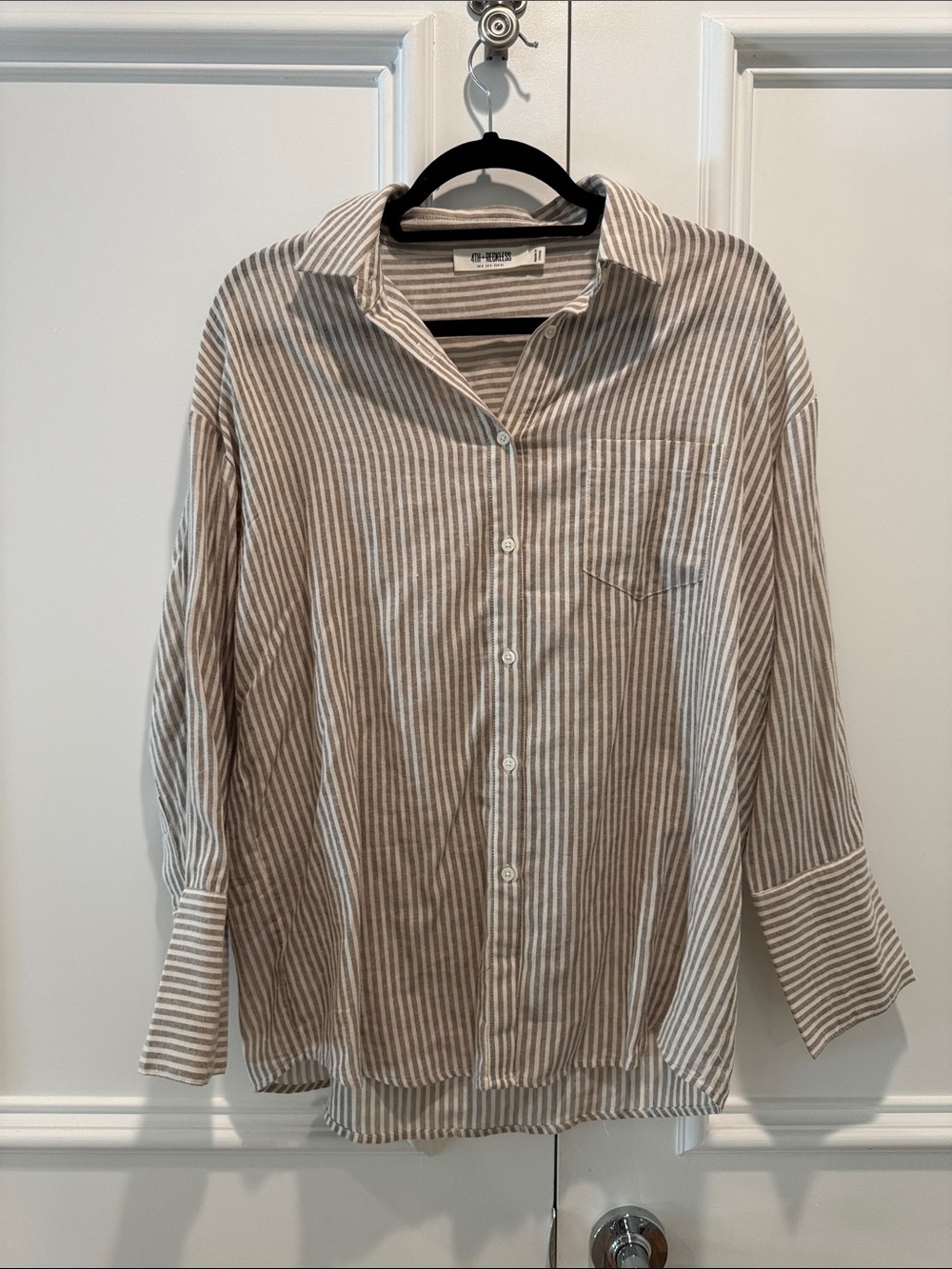 Light Brown & White Striped Button-Up linen Shirt